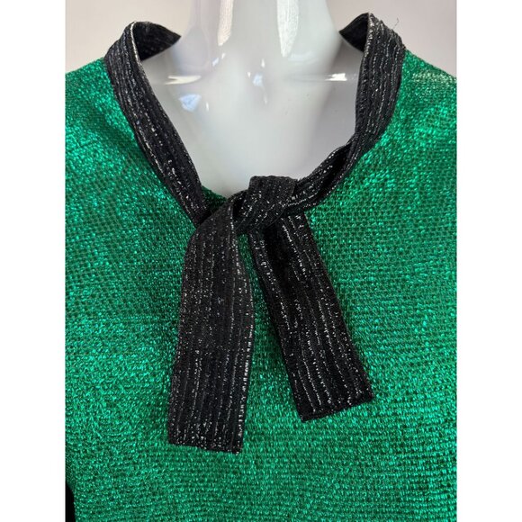 Vintage Green & Black Metallic Knit Long-Sleeve Top With Tie-Neck Detail - Picture 10 of 16